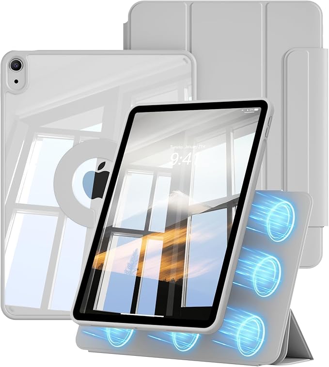 Clear Case for iPad A16 11th Generation 11 inch for iPad 10th Generation 10.9 inch with Clasp Detachable Magnetic Rotating Trifold Cover Transparent Hard PC Back Auto Wake/Sleep Gray
