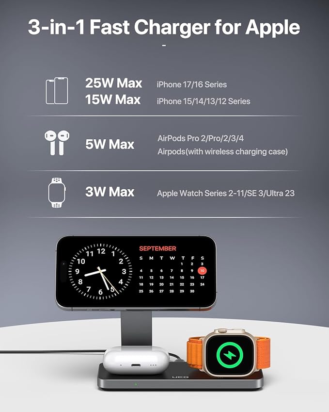 3-in-1 Charging Station for Apple DevicesQI2.2 25W Ultra-Fast Magnetic Wireless Charger StandCompatible with MagSafeFoldable Travel Charger for iPhone Air/17/16/15/14/13/12Apple WatchAirPods