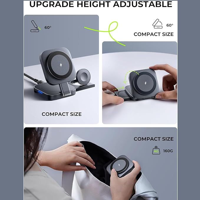 Trendwave 3 in 1 Charging Station for Apple Magsafe Charger Travel Accessories Wireless Charger 3 in 1 for for Airpods iWatch iPhone 12-17 Pro Max Black