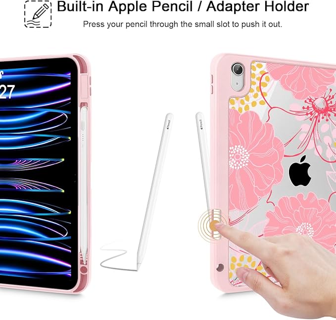 May Chen Case for iPad Air 13 Inch M4 2026 M3 2025 M2 2024 [Built-in Pencil Holder] Shockproof Cover with Clear Transparent Back Shell Auto Sleep/Wake Cover Pink Flowers