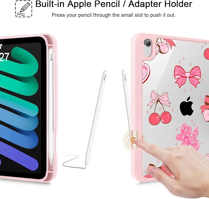 Mektron Printed Case for iPad mini 7 (A17 Pro) 2024/ Mini 6 2021 iPad mini 7th/6th Generation 8.3-inch Liquid Retina Display Cover Buit in Pencil Holder with Clear Back Shell Cherry with Bows