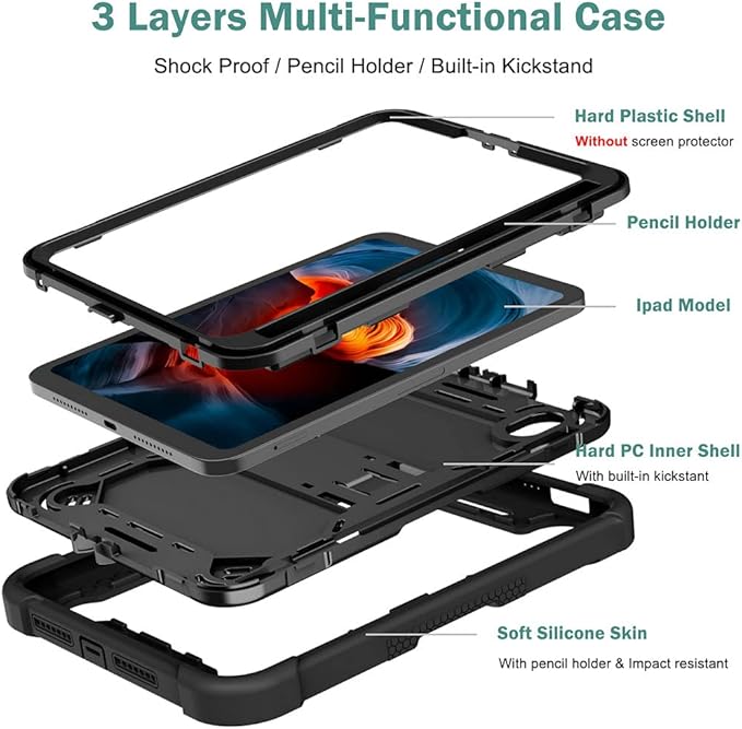 MAKEIT Case for iPad mini 7 (A17 Pro) 2024 iPad mini 6 Case (8.3-Inch2021 Model) with Pencil Holder Heavy Duty Shockproof Full Body Protective Case with Stand for iPad mini 6th/7th Generation Case