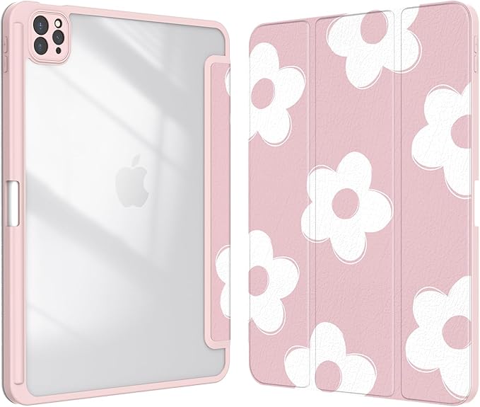Case for iPad Air 13 Inch M3 2025/M2 2024 iPad Pro 12.9 inch 6th /5th /4th/ 3rd Generation (2022/2021/2020/2018) Case Cover with Pencil Holder/Clear Back Auto Sleep/Wake Pink White Flower