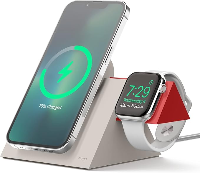 elago Charging Station Compatible with iPhone 17/16/15/14/13/12 Series Compatible with MagSafe Compatible with Apple Watch Series - Chargers are NOT Included [Stone/Red]