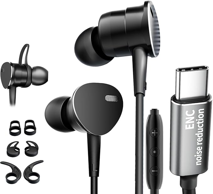 Wired Headphones Deep Bass Noise-Canceling Clear CallsMulti-Purpose In-Ear Stereo Bass Wired Earbuds with Mic Noise Reduction Compatible with iPhone 17 Pro 16 15 Android Tablets (USB C plug)