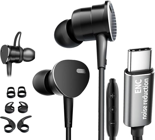 Wired Headphones Deep Bass Noise-Canceling Clear CallsMulti-Purpose In-Ear Stereo Bass Wired Earbuds with Mic Noise Reduction Compatible with iPhone 17 Pro 16 15 Android Tablets (USB C plug)