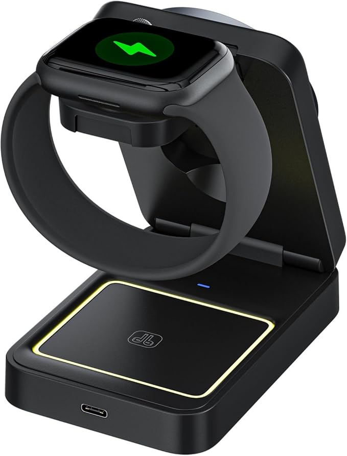 MALOM W91 3-in-1 Multifunctional Wireless Magnetic Charger for iPhone Apple Watch AirPods Foldable Nightlight (Black)