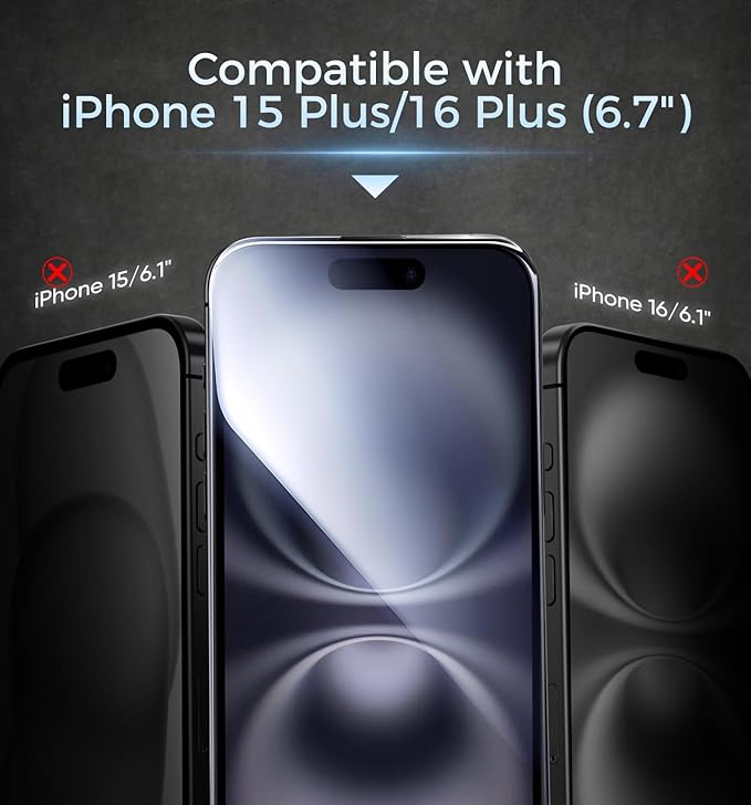 MAGIC JOHN 3rd Gen Upgraded for iPhone 15Plus/16Plus Privacy Screen Protector 6.7 Inch25°Anti-Spy ScreenShockproof Tempered GlassAuto Dust-RemovalBubble FreeEasy Installation2 Pack