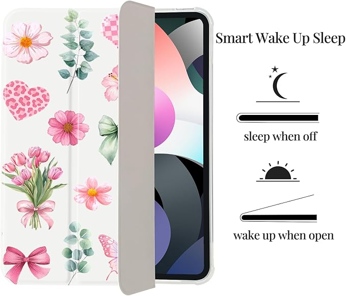 Leopard Bow Floral Case for iPad Pro 11 Inch (2022/2021/2020/2018) 4th/3rd/2nd/1st Gen[Pencil Holder+Auto Sleep/Wake]Slim Trifold Stand Protective Cover with Soft TPU BackWhite