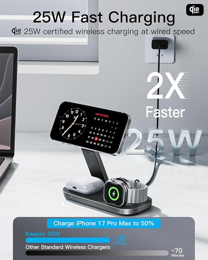 3-in-1 Charging Station for Apple Device Qi2 25W Certified Magnetic Wireless Foldable Fast Charger Stand Compatible with MagSafe for iPhone 17e/17/16/15/14/13/12/Air Series Apple Watch &amp AirPods