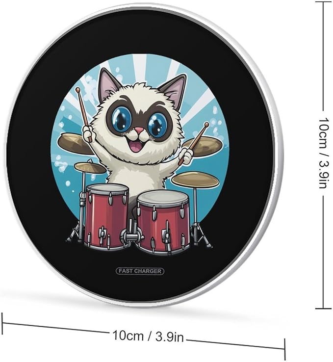 Cat Drummer Playing Drums Wireless Charger Anti-Slip Wireless Charging Pad Slim Charger Mat for Men Women