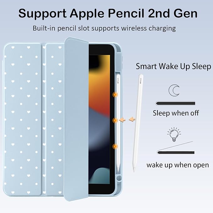 Cute Polka Dot Heart for iPad (A16) 11th Gen Case 11 Inch 2025 for iPad 10th Gen Case 10.9 Inch 2022 with Pencil Holder Auto Sleep/Wake Blue Leather Clear Acrylic Back Cover