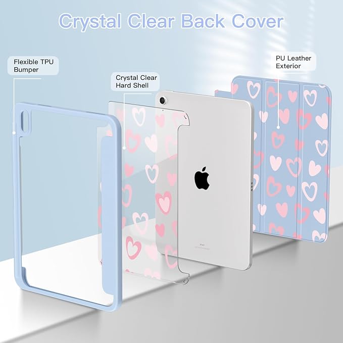 Teryeefi Case for iPad (A16) 11th Generation 11 inch (2025) &amp iPad 10th Generation 10.9 inch (2022) with Pencil Holder-[Auto Wake/Sleep] Premium Stand Case with Clear Back Cover Heart Blue