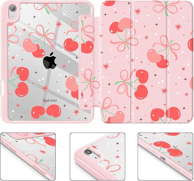 May Chen Slim Case for iPad mini 7 (A17 Pro 7th Generation) 2024 / iPad mini 6 (6th Gen) 8.3 Inch [Built-in Pencil Holder] Shockproof Cover Clear Clear Back Shell Auto Wake/Sleep Coquette Cherry