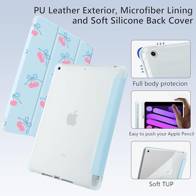 Cute Bow Cherry Kawaii for iPad 7th/8th/9th Generation Case with Pencil Holder Auto Sleep/Wake Blue Leather Soft TPU Back Cover for iPad 10.2 Inch 2019/2020/2021