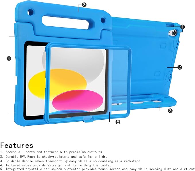 HDE Case for iPad 10th Generation 10.9 inch for Kids with Built-in Screen Protector Shockproof Cover with Multi Angle Viewing Handle Stand Blue
