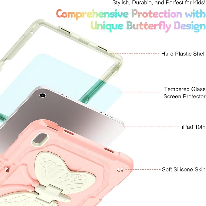 Case for iPad (A16) 11th/10th Generation 2025/2022 11/10.9 for Kids Girls with 9H Tempered Glass Screen Protector Rugged Shockproof Protective with Butterfly Stand Carrying Strap-Rose Pink