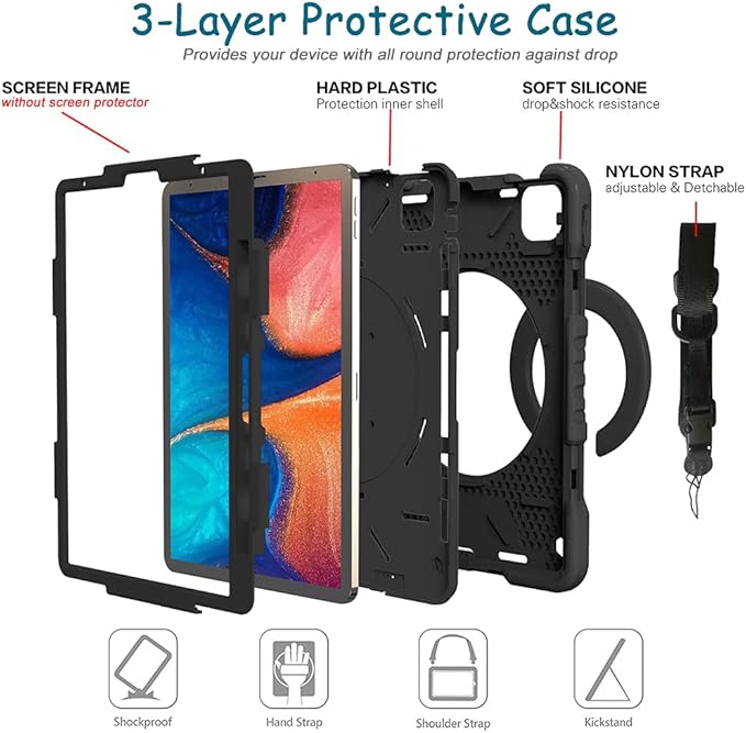 SCSVPN Case for iPad Air 5th/4th Generation 10.9'' iPad Pro 11 Inch Case Kids 4th/3rd/2nd/1st Gen 2022 2021 2020 2018 w/Pencil Holder-Stand-Handle-Shoulder Strap Shockproof Protective Cover Black