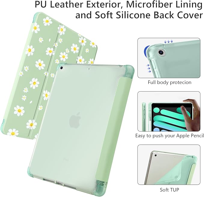 Cute Floral Flower for iPad mini 7 A17 Pro 2024/iPad Mini 6 Case with Pencil Holder Auto Sleep/Wake Green Leather Soft TPU Back Cover