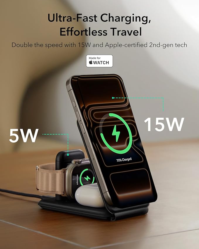 ESR 3 in 1 Charging Station for Apple Certified Apple Watch Charger 15W MagSafe Charger Stand for iPhone Travel Charger for iPhone 17/16/15/14/13 Watch AirPodsBlack