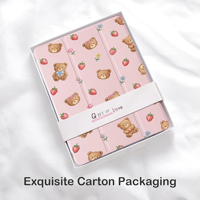 Cute Kawaii Bear Strawberry for iPad Air 3 Case with Pencil Holder Auto Sleep/Wake Pink Leather Soft TPU Back Cover for iPad Pro 10.5 Inch 2017