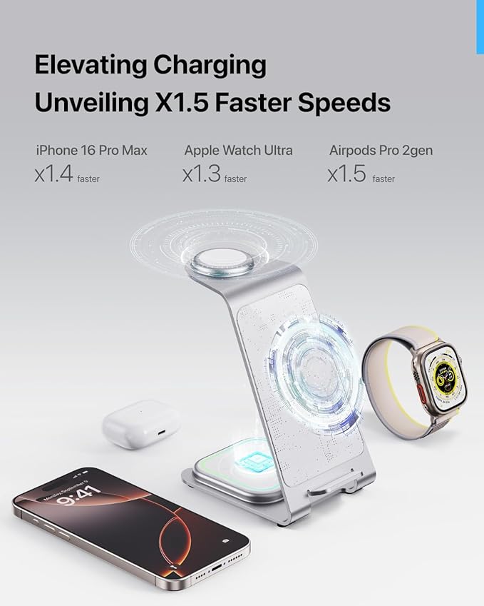 Intoval Aluminum 3 in 1 Wireless Charging Station for iPhone 17 16 15 14 13 12 11 Pro Max XR Wireless Charger for Apple Watch 11 10 9 8 7 Ultra SE 3 2 Phone Charger for AirPods 4 Pro 2 3 (Silver)