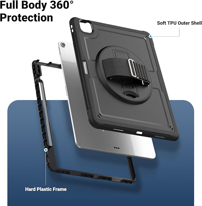 Batianda Case for iPad Air 13-inch 2025 M3 2024 M2 Chip Multilayered Rugged Durable Shockproof Tablet Cover with 360° Rotating Hand Strap Foldable Hidden Stand Black