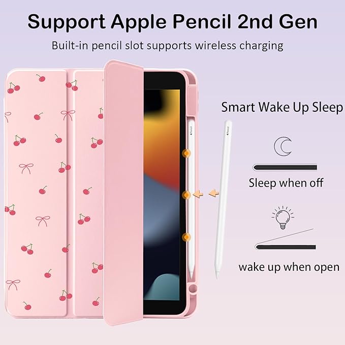 Cute Kawaii Cherry Bow for iPad Pro 12.9 Inch Case 5th/6th Generation 2022/2021/2020 with Pencil Holder Auto Sleep/Wake Pink Leather Clear Acrylic Back Cover