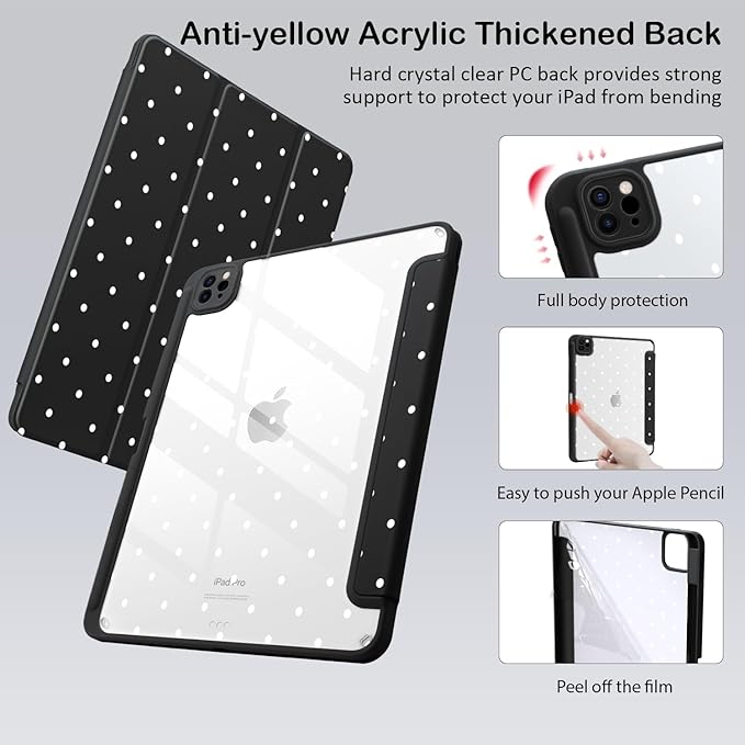 Cute Kawaii Polka Dot for iPad Pro 13 Inch Case (M5/M4) 2025/2024 with Pencil Holder Auto Sleep/Wake Black Leather Clear Acrylic Back Cover