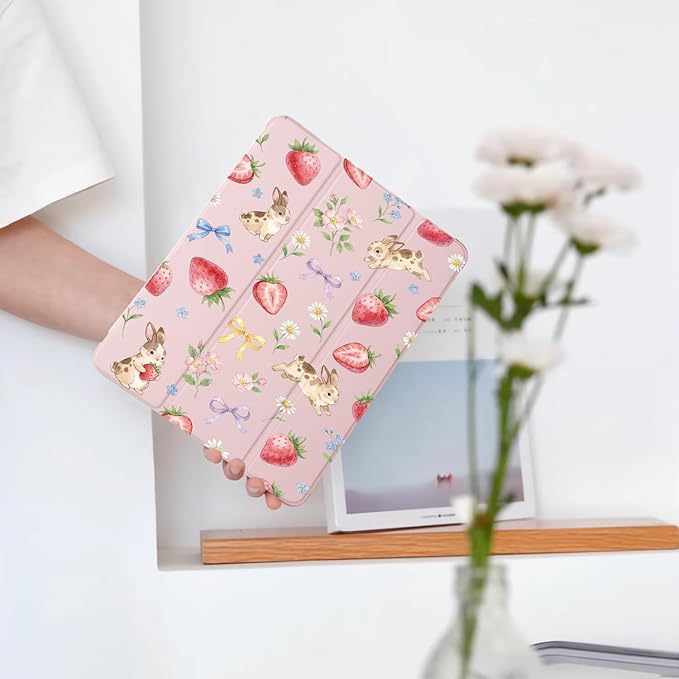 Cute Bunny Strawberry Bow for iPad Air5/Air4 Case with Pencil Holder Auto Sleep/Wake Pink Leather Soft TPU Back Cover for iPad 10.9 Inch 2022/2020