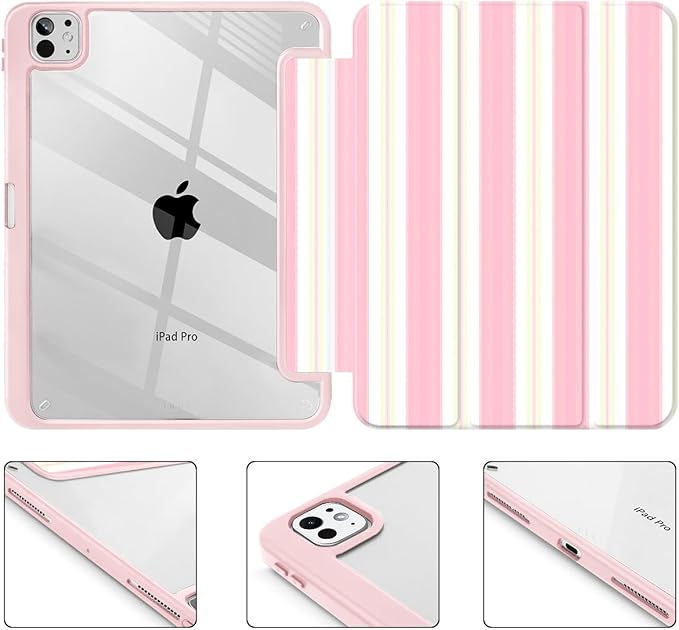 Mektron Case for M5/ M4 iPad Pro 11 inch 2025/2024 with Pencil Holder Compatible Models: A3357/A3358/A3359/A2836/A2837/A3006 Shockproof Cover Clear Shell Pink Striped