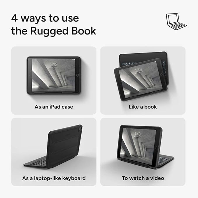 ZAGG Rugged Book iPad Case with Detachable Magnetic-Hinged Keyboard for iPad Air 3 iPad Pro 10.5 &amp 10.2 (9th Gen) Multi-Device Bluetooth Apple Pencil Holder Long-Lasting Battery Wireless B