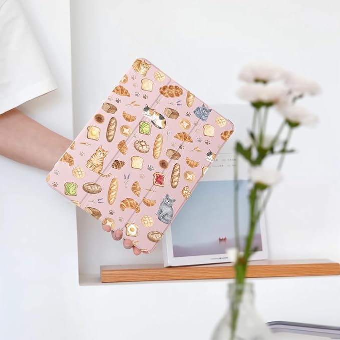 Cute Kawaii Cat Bread for iPad Air 13 Inch Case M3 2025/M2 2024 with Pencil Holder Auto Sleep/Wake Pink Leather Soft TPU Back Cover