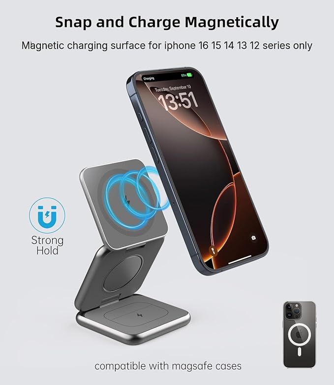 Foldable Magnetic Wireless Charger KU XIU X40 Aluminum Alloy 3 in 1 Charging Station for Apple Fast Magnetic Charger Stand for iPhone 17 16 15 14 13 12 Series 5W for iWatch AirPods 3/2/Pro Gray