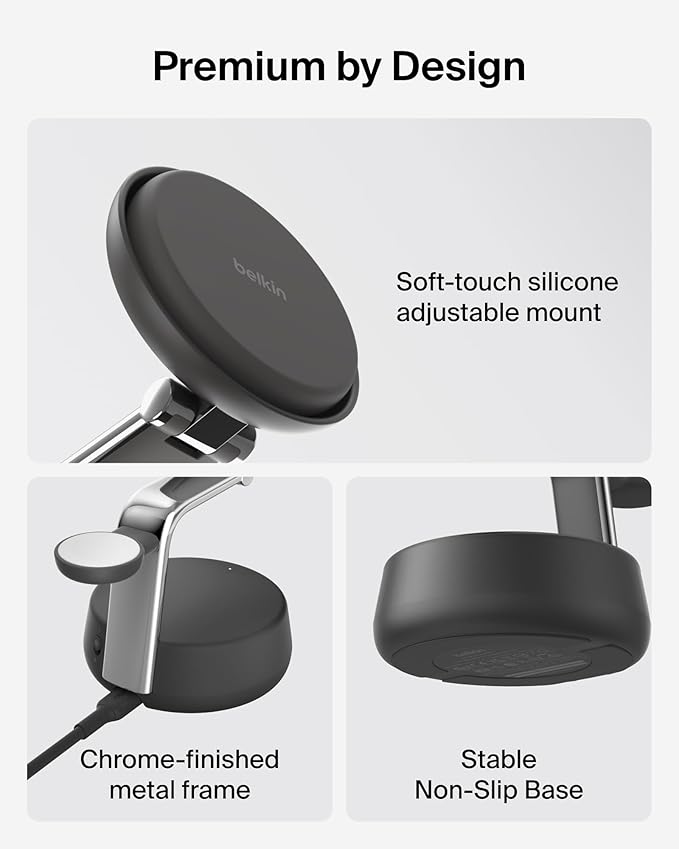 Belkin MagSafe Charger Compatible 3-in-1 Charging Station Qi2.2 25W w/Cooling Fan (On/Off Control) Magnetic Wireless Charger for iPhone 17 Apple Watch AirPods Pixel 10 (45W Adapter Included)
