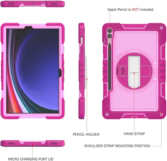 Shockproof Case for Samsung Galaxy Tab S10 Plus/S9+/S9 FE+ 12.4 Tablet Cover with Shoulder+Hand Strap Techcircle Heavy Duty Rotating Kickstand Rugged Defender Case Rose+Pink