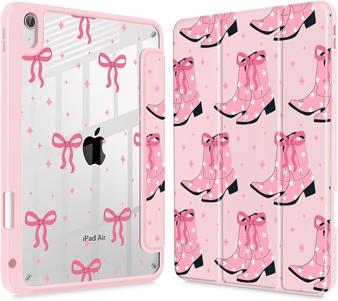 May Chen for iPad Air 11-inch M4/M3/M2 (2026/2025/2024) iPad Air 5th/4th 10.9 Inch - Shockproof Cover with Clear Back Shell &amp Penceil Holder Auto Wake/Sleep Stand Cover Pink Boots Bows