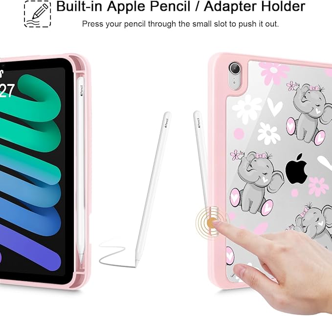 May Chen Slim Case for iPad mini 7 (A17 Pro 7th Generation) 2024 / iPad mini 6 (6th Gen) 8.3 Inch [Built-in Pencil Holder] Shockproof Cover Clear Clear Back Shell Auto Wake/Sleep Cute Elephant