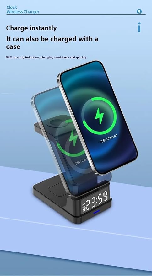 Magnetic Three-in-one 15W Wireless Charger with Clock