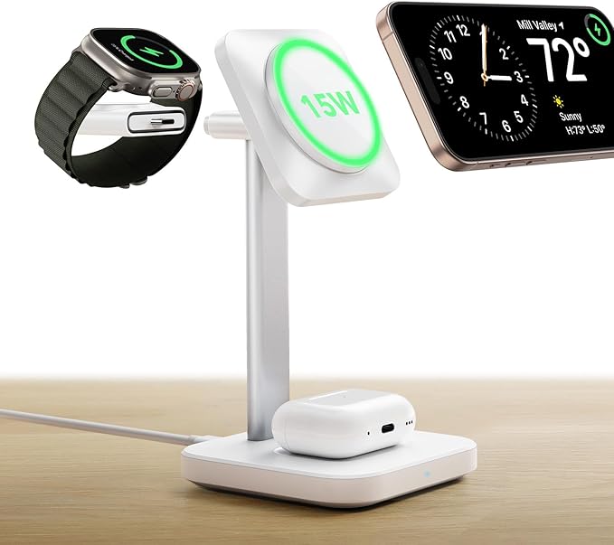 ESR for 3 in 1 Wireless Charging Station Certified Apple Watch Charger 15W MagSafe Charger Stand for iPhone Wireless Charger for Multiple Devices iPhone 17/16/15/14/13 Watch AirPods White