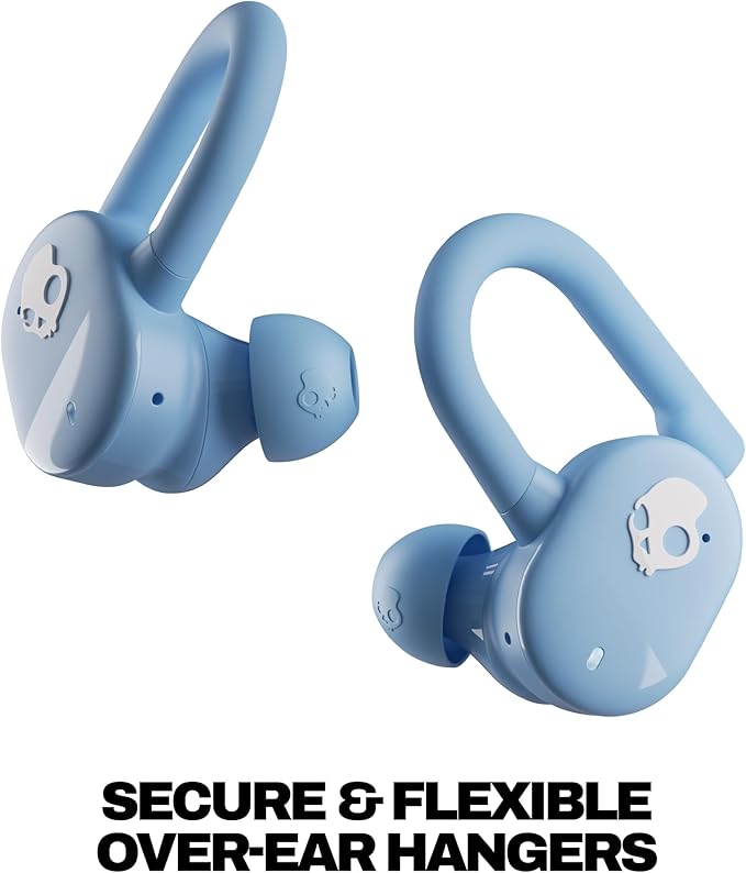 Skullcandy Push Play Active Wireless Earbuds Bluetooth Headphones Noise Isolating Fit 34 Hrs Battery Secure-Fit Over-Ear Hanger Sweat Water Resistant Microphone for iPhone Android - Preppy Blue
