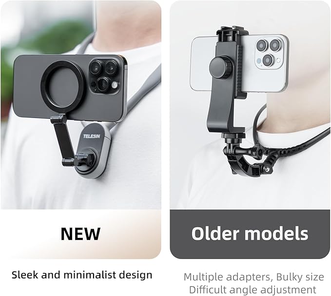 TELESIN° Magnetic Neck Cell Phone Holder POV/Vlog Recording Necklace Lanyard Selfie Hand Free Neck Phone Mount Stand for iPhone 15 14 13 12 Pro Mini/Plus/Pro/Pro Max and Samsung Android Smartphone