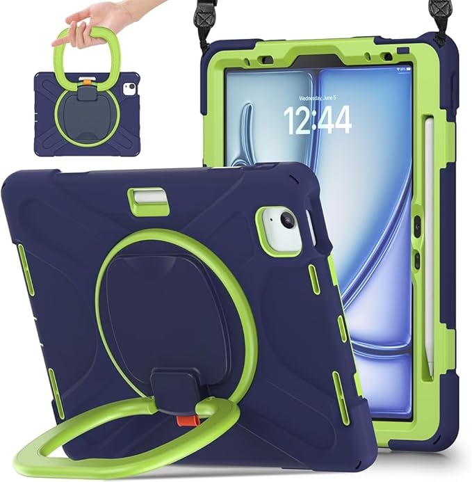 SCSVPN Case for iPad Air 11 Inch M4 2026/M3 2025/M2 2024 iPad Air 10.9'' 5th/4th Gen 2022 2020 iPad Pro 11 4th/3rd/2nd/1st Gen Protective Cover with Pen Holder Stand Shoulder Strap Navy Green