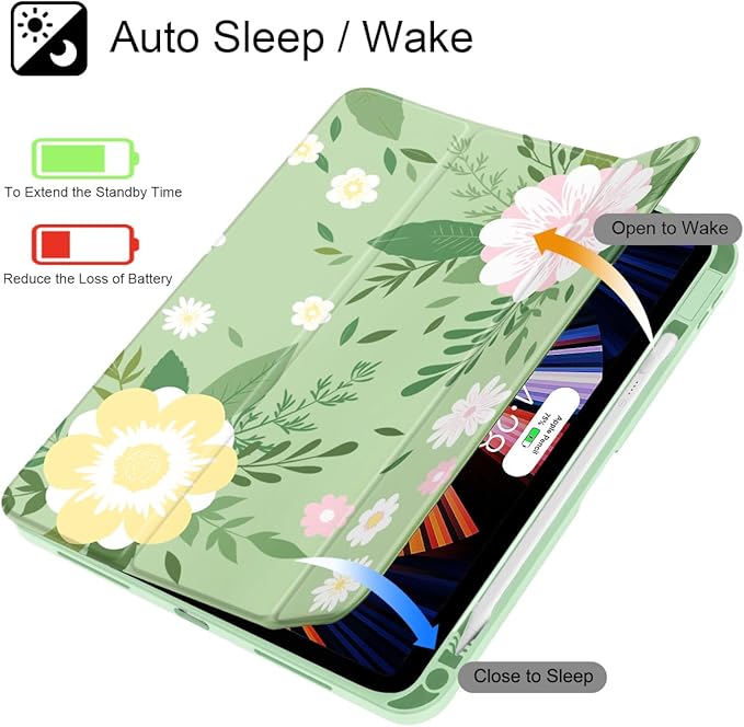 Tuiklol Case for iPad 11 inch (A16 Chip) 2025 Gen 11th / iPad 10.9 inch 2022 10th Gen Buit in Pencil Holder with Shockproof Cover Clear Transparent Back Shell Auto Wake/Sleep Flowers Green