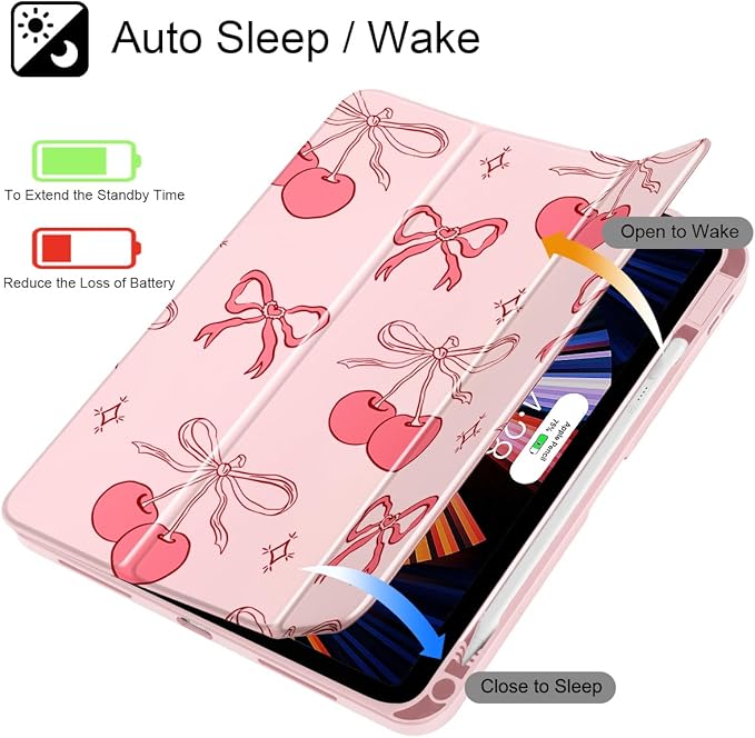 May Chen for iPad (A16) 11th Generation Case 11 Inch 2025 iPad 10th Gen Case 2022 10.9 inch Built-in Pencil Holder with Shockproof Cover Clear Back Shell Auto Wake/Sleep Girly Cherry &amp Bow
