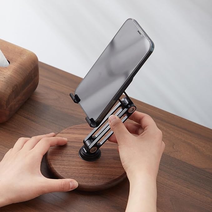 iPhone Stand for Desk Phone Stand Adjustable Foldable Cell Phone Holder 360 ° Rotation Compatible with iPhone 17 16 15 14 13 12 Pro Xs Xs Samsung Galaxy Tablets All Phones Walnut Wood
