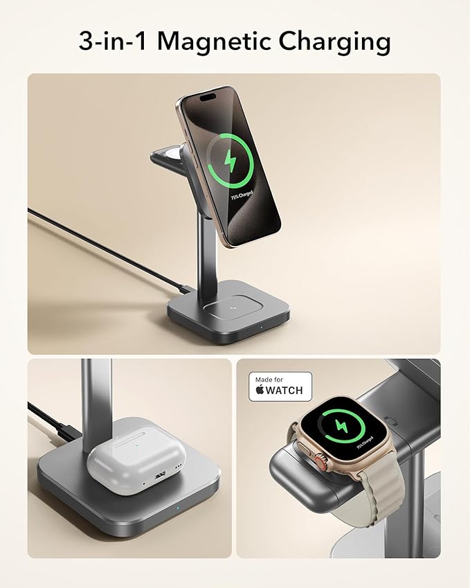 ESR for 3 in 1 Wireless Charging Station Certified Apple Watch Charger 15W MagSafe Charger Stand for iPhone Wireless Charger for Multiple Devices iPhone 17/16/15/14/13 Watch AirPods Grey