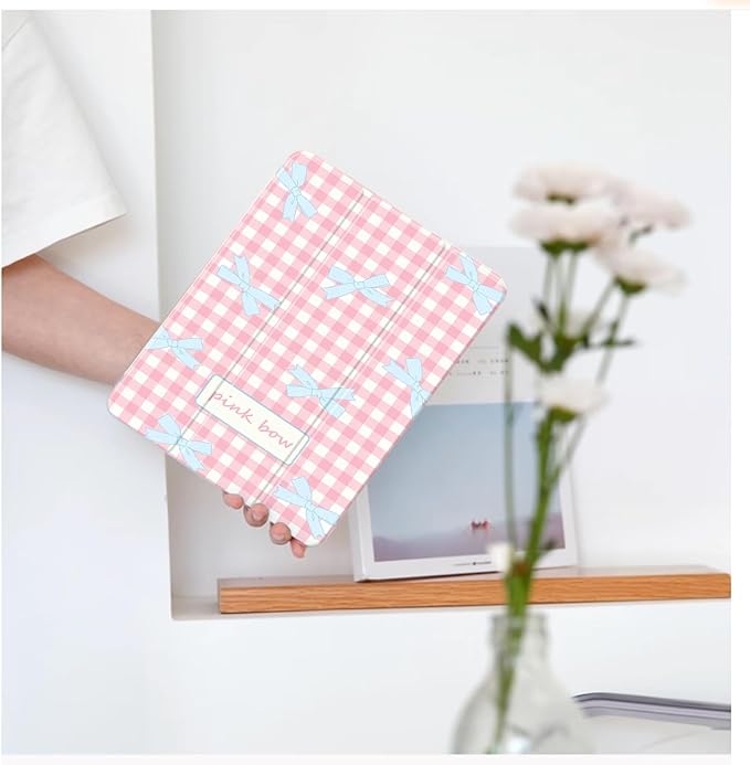 Cute Kawaii Bow Plaid for iPad Pro 11 Inch Case (M5/M4) 2025/2024 with Pencil Holder Auto Sleep/Wake Pink Leather Clear Acrylic Back Cover