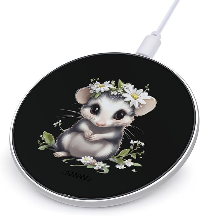 Cute Possum Opossum Flower Wireless Charger Anti-Slip Wireless Charging Pad Slim Charger Mat for Men Women