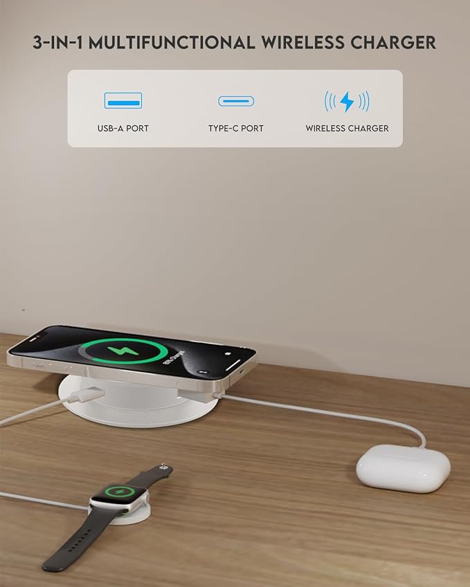 Desktop Wireless Charger Pop Up 15W Fast Retractable Desktop Charger Invisible Charging Station with USB A and Type C Ports Recessed Desktop Charging for Desk Furniture - White